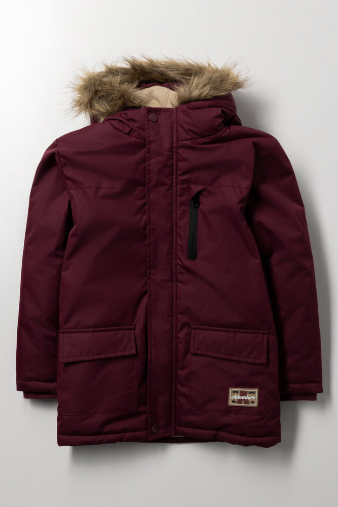 Hooded Textured Parka Jacket Burgundy