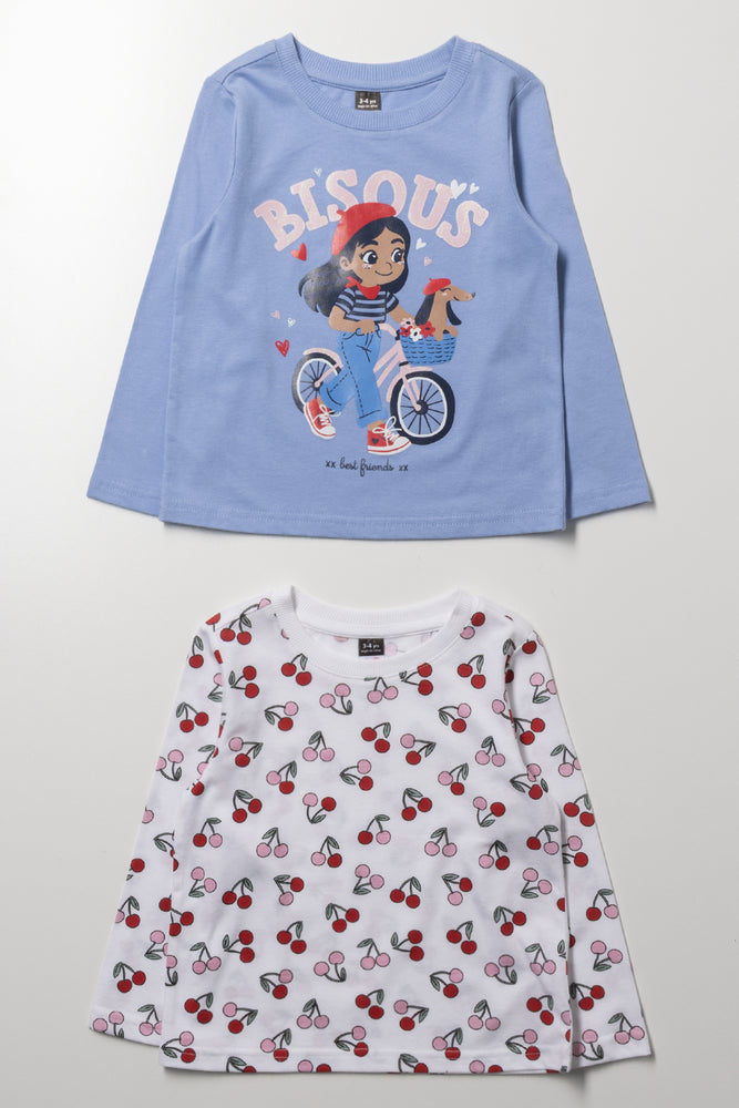2 Pack Bicycle Girl Long Sleeve T-Shirts Light Blue And White