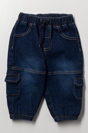 Elasticated Cargo Barrel Leg Denim Jeans Blue