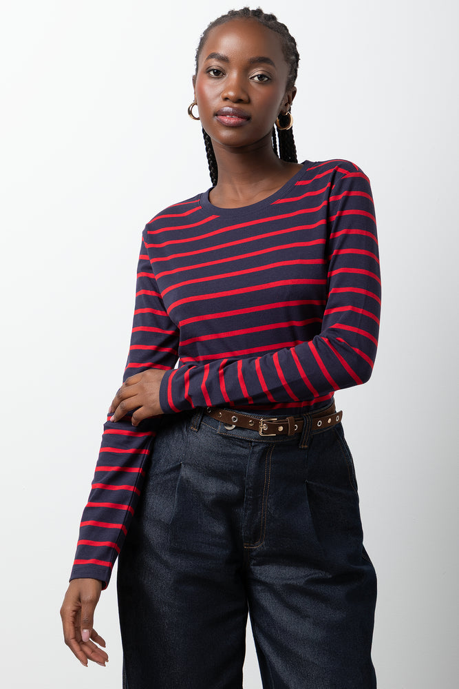 Stripe Long Sleeve Crew Neck T-Shirt Navy And Red