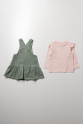 Floral Stripe Corduroy Pinafore Set Green (3)