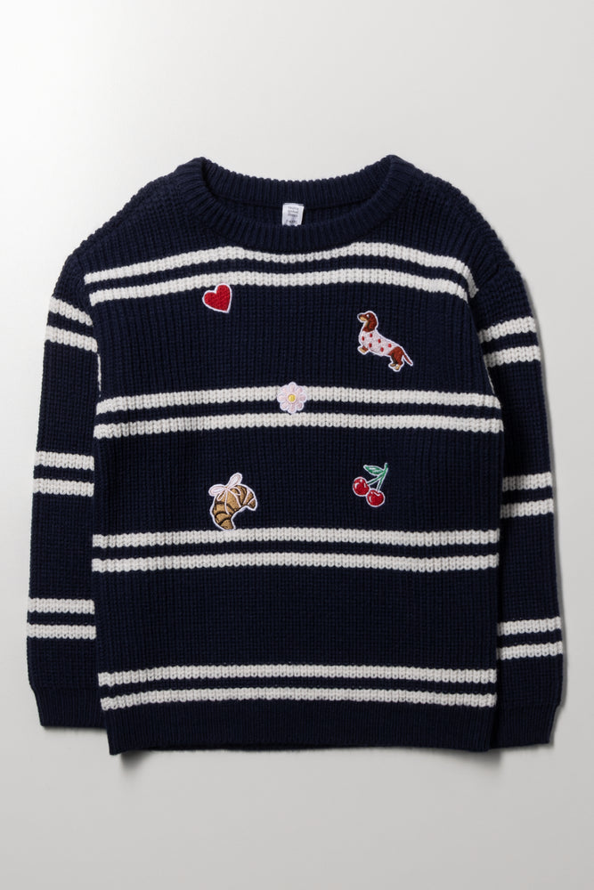 Striped Jumper with Badges Navy
