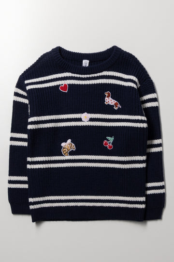 Striped Jumper with Badges Navy