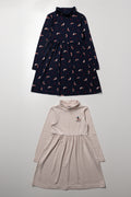 2 Pack Sausage Dog Poloneck Dresses Natural And Navy