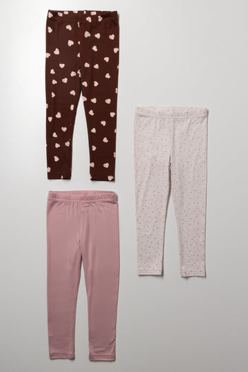 3 Pack Heart Leggings Brown And Pink