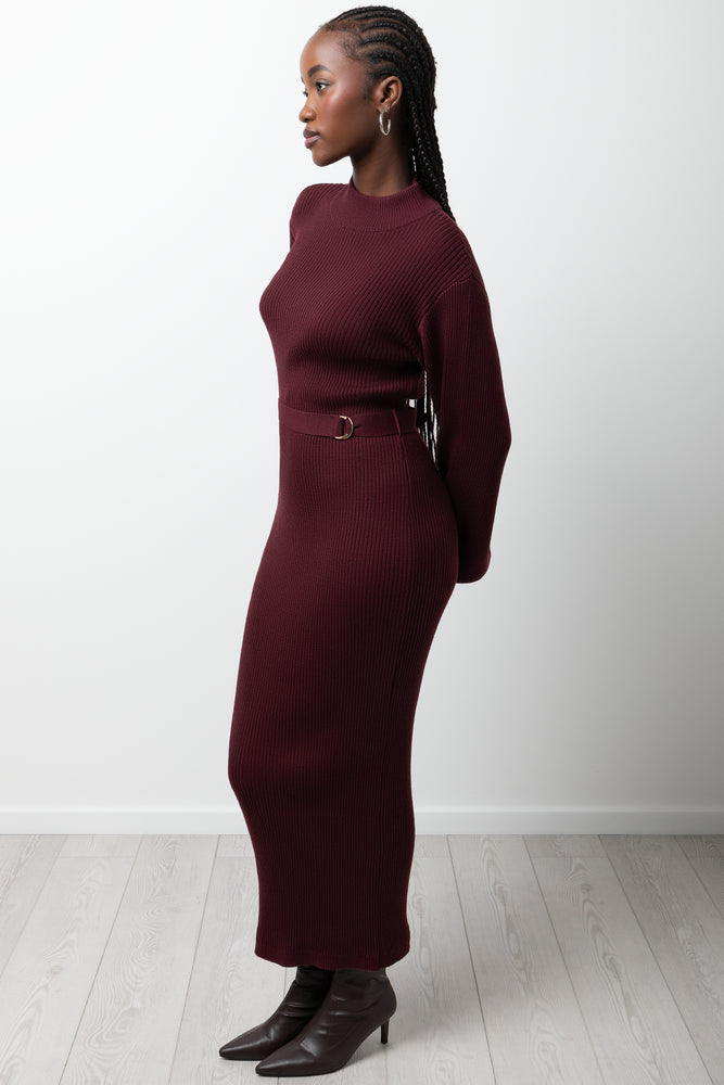 Puff Sleeve Belted Bodycon Dress Burgundy (1)