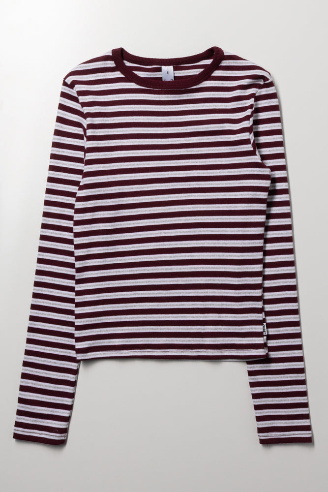 Rib Stripe Long Sleeve T-Shirt Grey And Burgundy