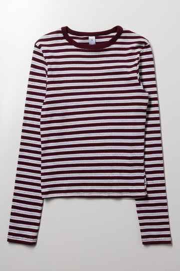 Rib Stripe Long Sleeve T-Shirt Grey And Burgundy