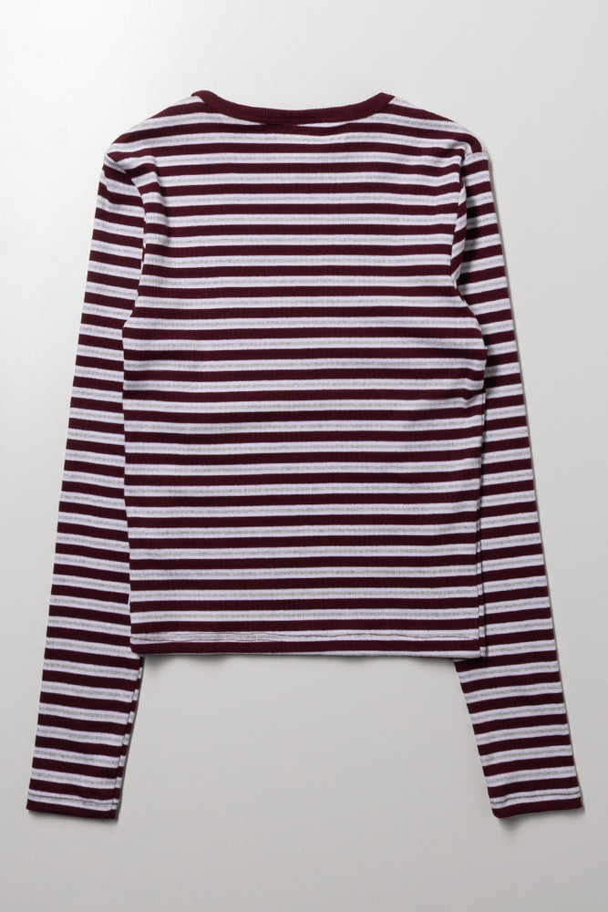 Rib Stripe Long Sleeve T-Shirt Grey And Burgundy (2)