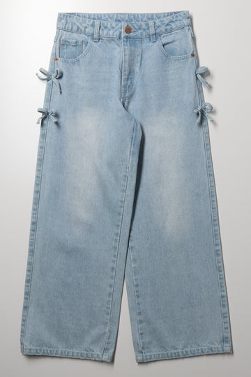 Bow Detail Straight Leg Denim Jeans Light Blue
