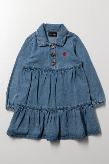 Cherry Embroidery Tiered Denim Dress