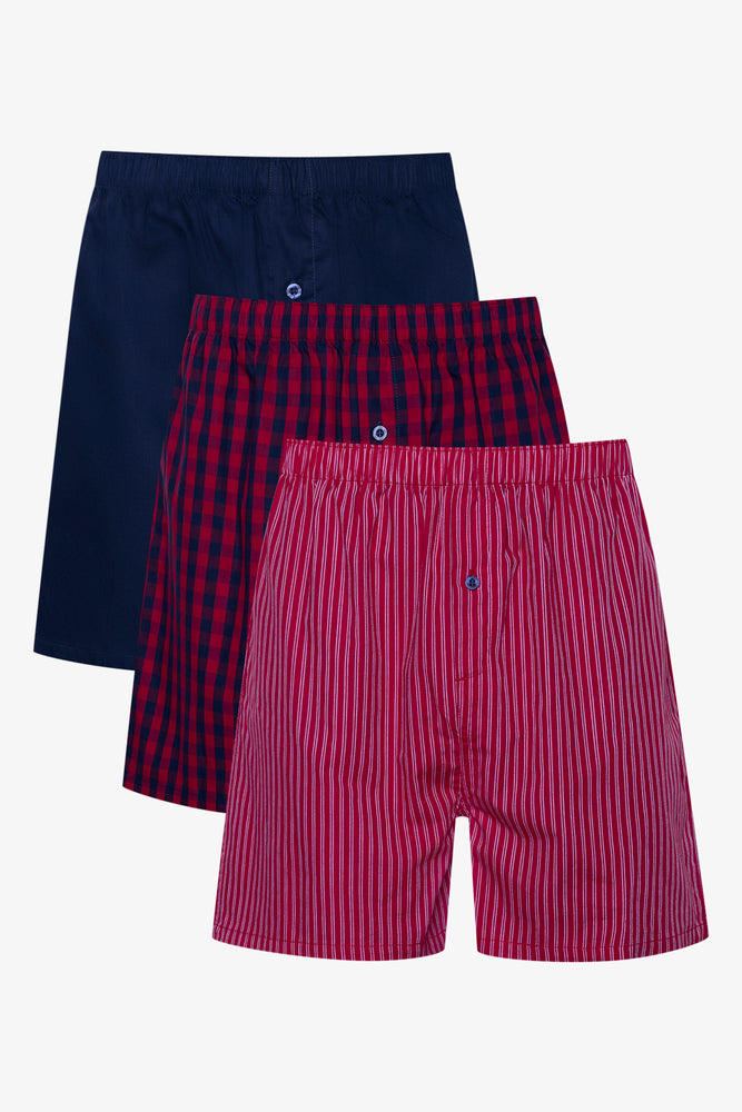 3 Pack Woven Boxers Burgundy, Check & Navy