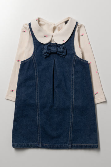 Denim Pinafore Bow Set Blue