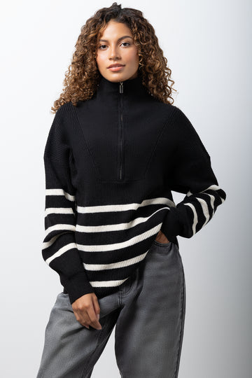 Stripe Long Sleeve Quarter Zip Jersey Black And White