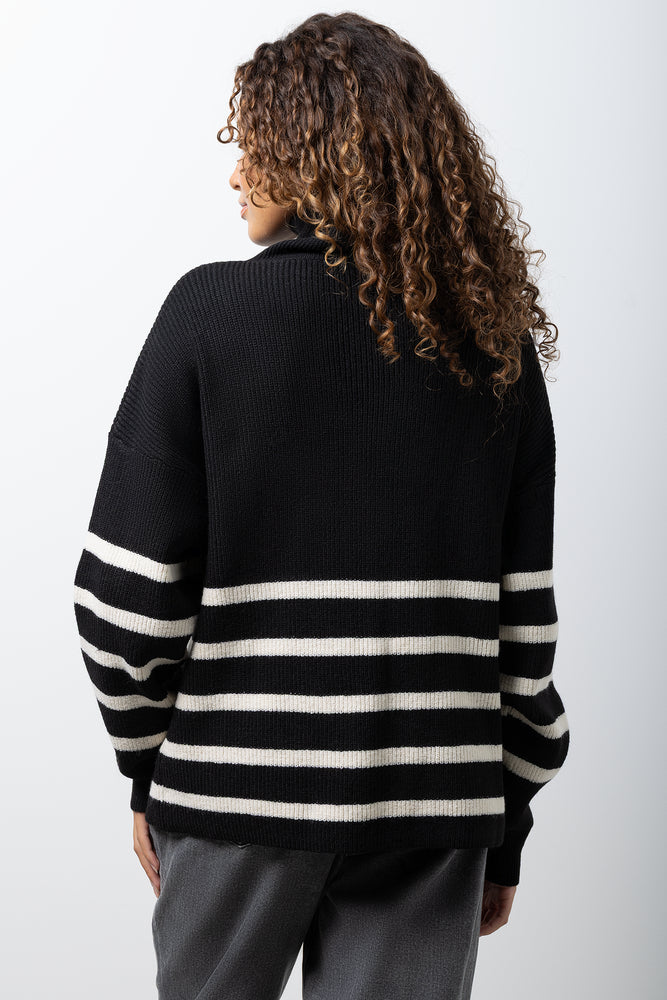 Stripe Long Sleeve Quarter Zip Jersey Black And White (2)