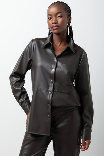 Long Sleeve Pleather Shirt Chocolate