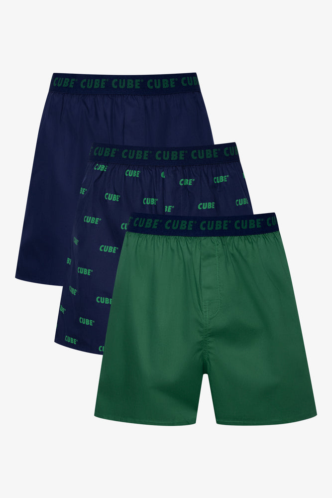 3 Pack Woven Boxers Green And Navy