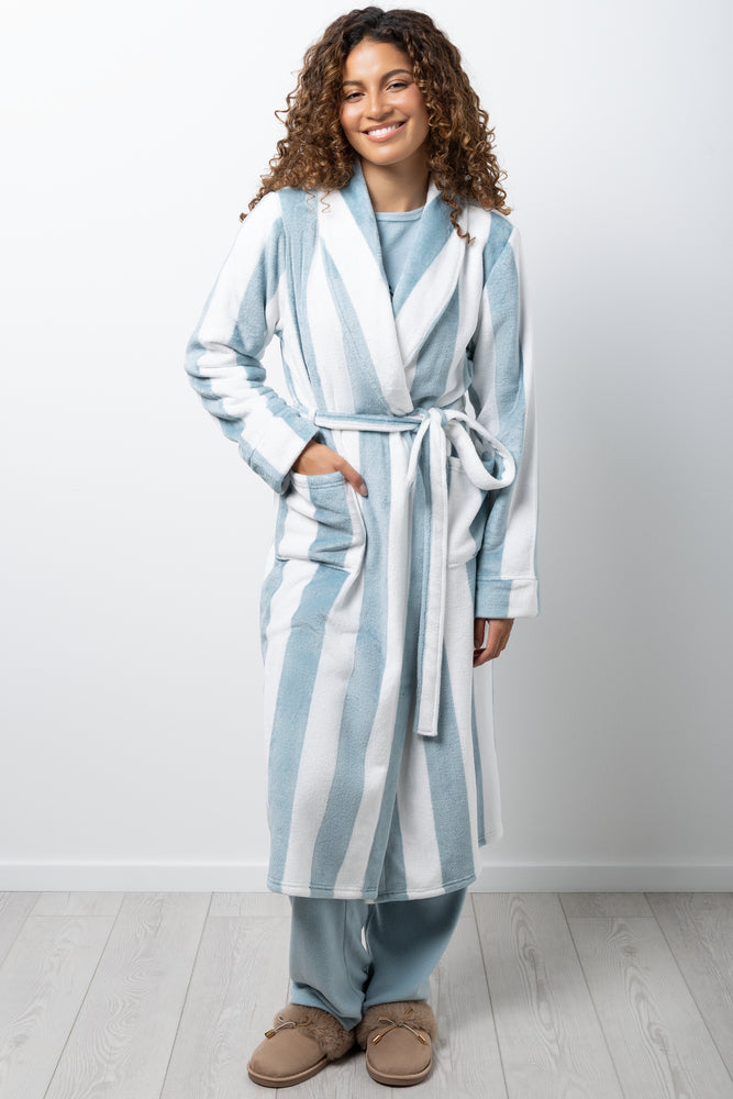 Stripe Fleece Gown White & Sage