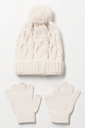 2 Piece Beanie & Gloves Set White