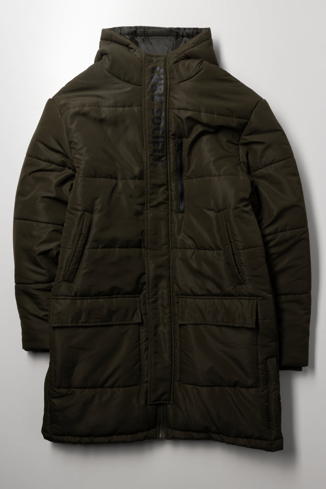 Longer Length Puffer Jacket Dark Green