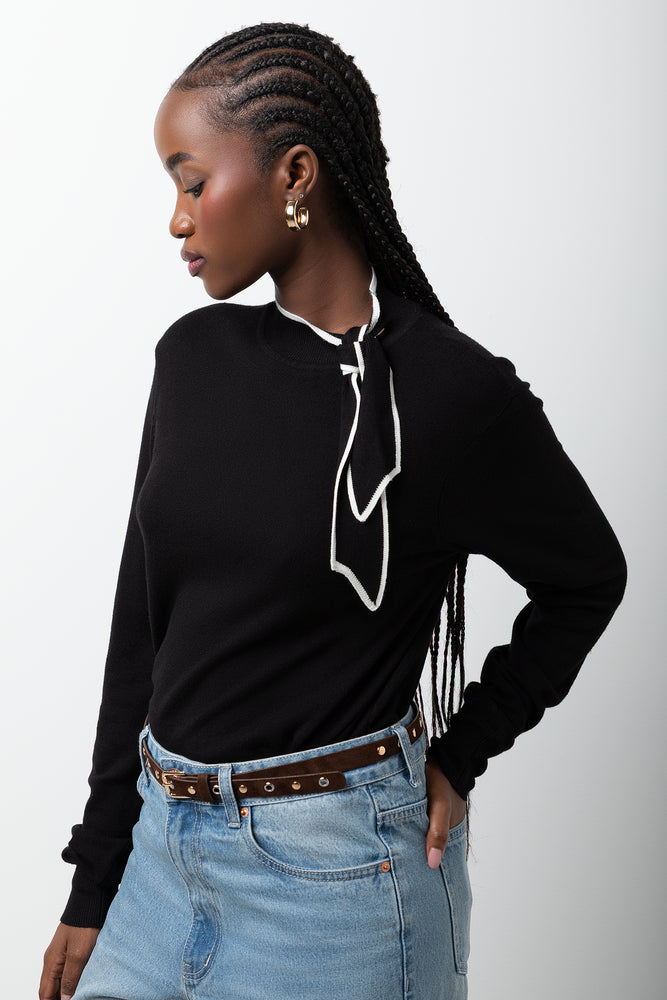 Long Sleeve Turtleneck Tie Top Black (1)