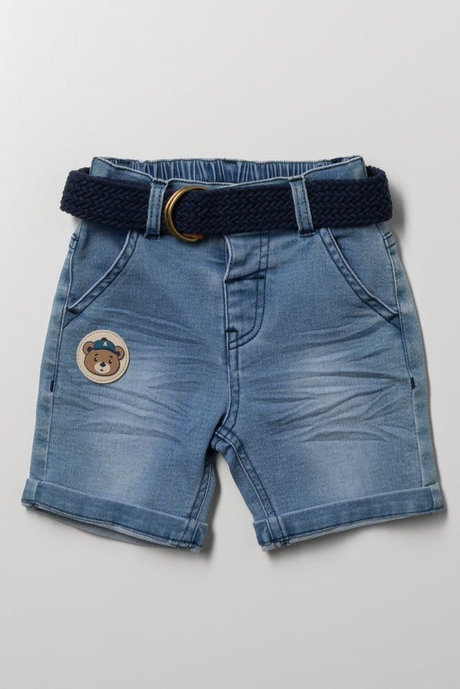 Bear Badge Belted Denim Shorts
