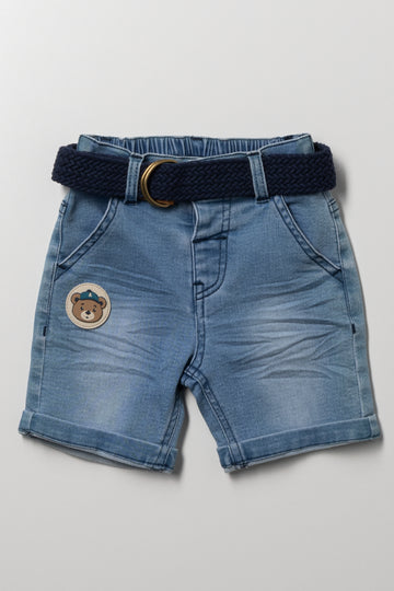 Bear Badge Belted Denim Shorts