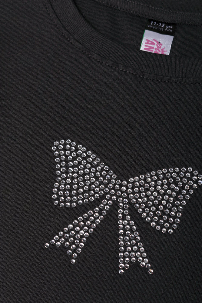 Crew Neck Rib Top With Bow Black