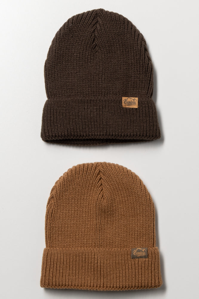 2 Pack Rib Beanies Brown