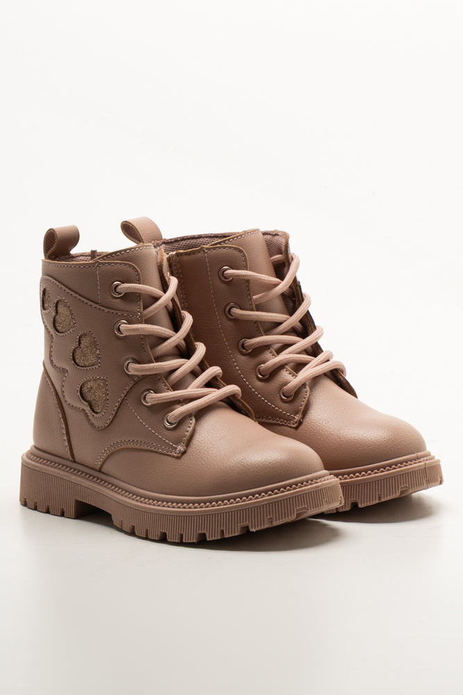 Glitter Heart Lace Up Boots Pink