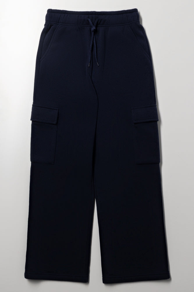 Wide Leg Cargo Trackpants Navy