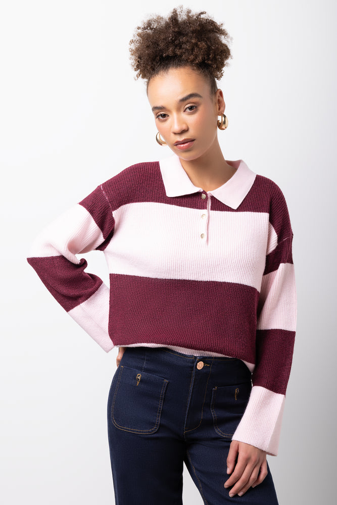 Stripe Long Sleeve Rugby Jersey Burgundy And White
