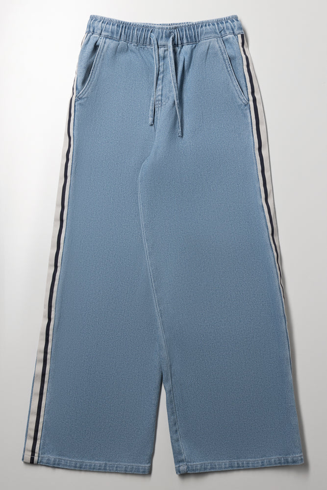 Sporty Wide Leg Pull On Denim Jeans Light Blue