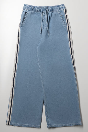 Sporty Wide Leg Pull On Denim Jeans Light Blue