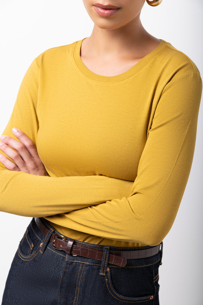 Long Sleeve Crew Neck Top Ochre (3)