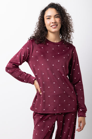 Heart Print Fleece Pyjamas Burgundy