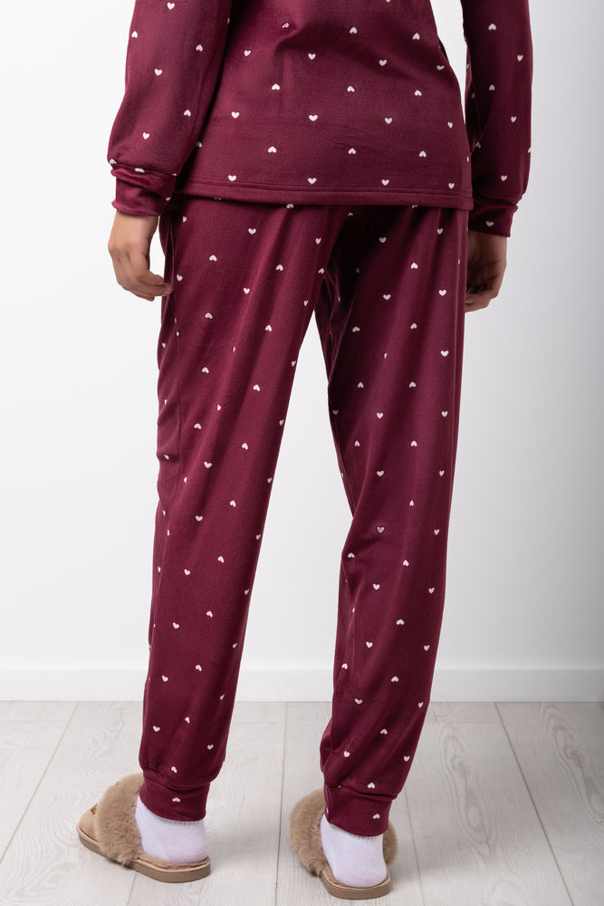Heart Print Fleece Pyjamas Burgundy (6)