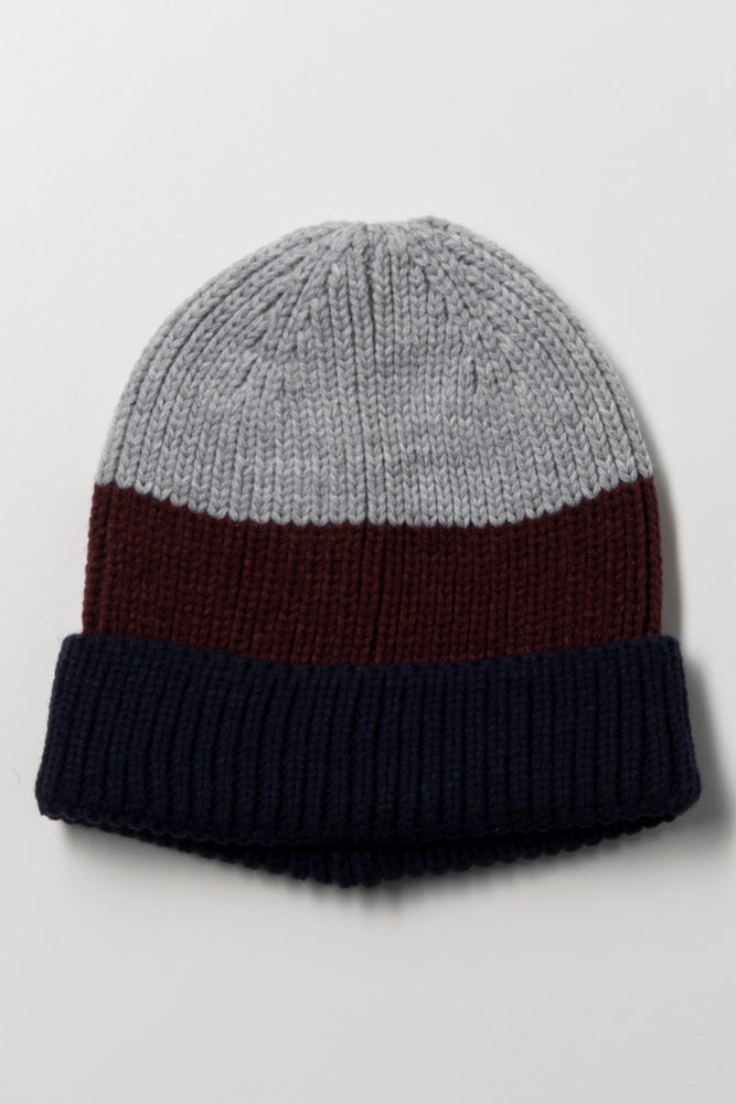 Stripe Rib Beanie Navy, Burgundy And Grey