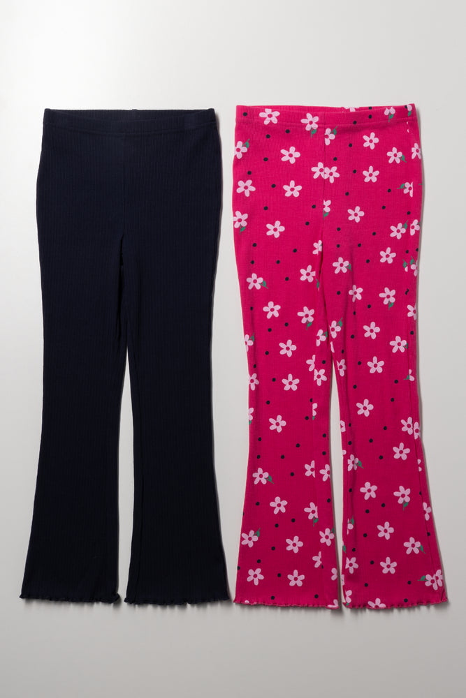 2 Pack Rib Flare Leggings Navy And Pink
