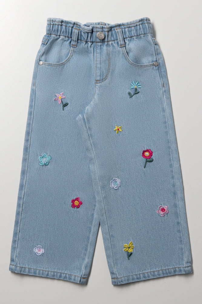 Flower Wide Leg Denim Jeans Blue