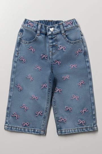 Bows Wide Leg Denim Jeans Blue
