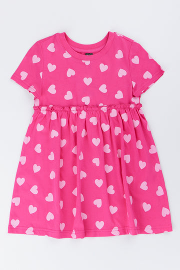 Pink Short Sleeve Heart Print Dress