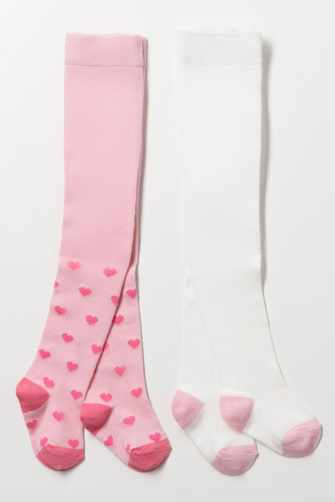 2 Pack Heart Tights Pink And White