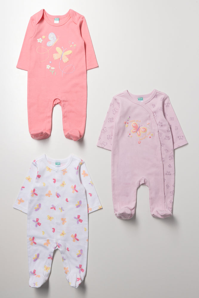 3 Pack Butterfly Print Sleepsuits