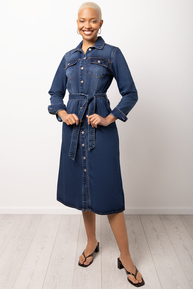 Long Sleeve Denim Shirtdress Mid Wash