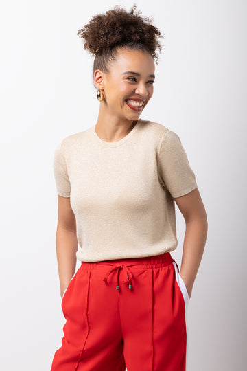 Lurex Short Sleeve Crew Neck Knitwear Gold