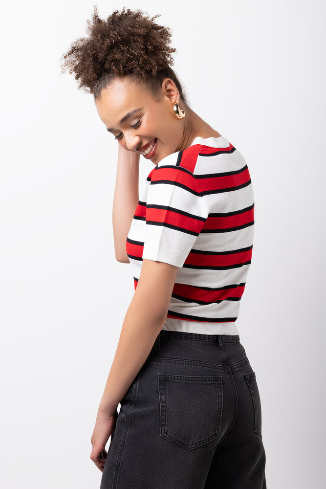 Stripe Ballerina Sleeve Crew Neck Knitwear White And Red (2)