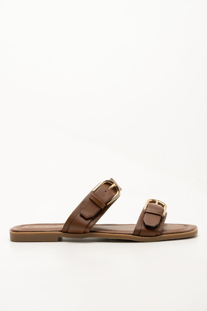 Double Buckle Mule Sandals Brown (1)