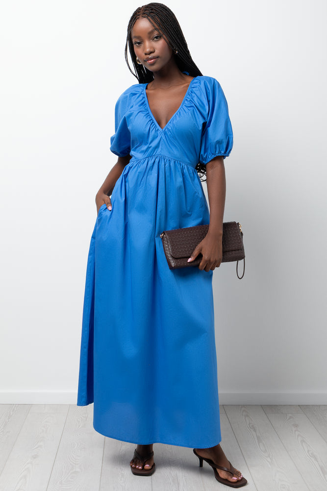 Puff Sleeve Midi Dress Blue