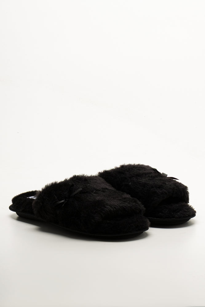 Satin Bow Slippers Black